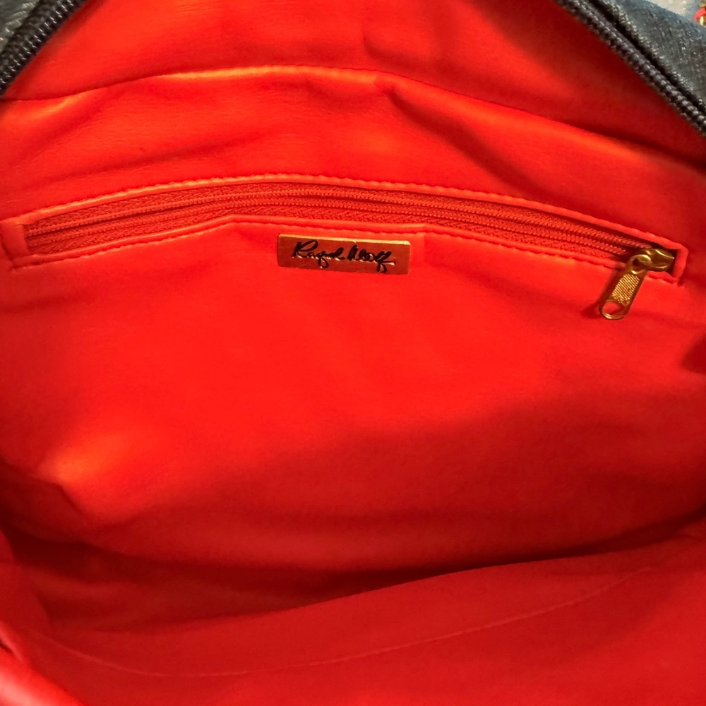 Vintage Style Quilted Denim Cross Body With Red Trim And Gold Chain Accents - Picture 4 of 7